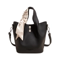 Fashionable black lychee grain leather bucket bag with elegant decorative scarf detail - Standard Type / Black