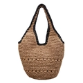 Bolso tote de paja trenzada a mano en color marrón claro con asas negras y diseño calado - Marrón