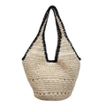 Bolso tote de paja trenzada a mano beige con bordes negros y detalles calados - Caqui