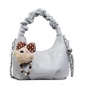 Sac hobo bleu clair plissé avec pendentif chiot peluche et détail chaîne argent - Sans Pendentif / Bleu