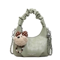 Light green pleated dumpling bag with silver chain strap and cute teddy bear charm - Green
