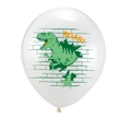 White 12-inch latex balloon with green T-Rex dinosaur print and orange ROAR text - Large Dinosaur Style