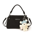 Borsa a spalla nera opaca minimalista con targa moda e ciondolo orsetto bianco - Con Ciondolo / Nero