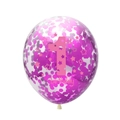 Detail of 12-inch 1st birthday balloon with purple sequins and pink lettering - Rose Red Confetti Balloon