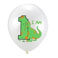 White 12 inch dinosaur latex balloon with number 1 and I AM text for 1st birthday - Green Dinosaur Style