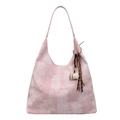 Pink and white canvas tote bag with contrast pattern and coffee cup charm detail - Pink