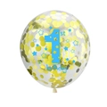 Detail of clear latex balloon with gold confetti and blue 1st birthday star prints - Clear Gold Confetti Blue 1