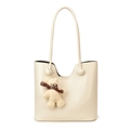 Creamy tote bag with unique spherical handle details and cute plush bear charm - With Pendant / White