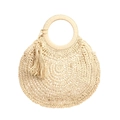 Handmade woven straw tote bag in light beige with round handles and tassel detail - Off White