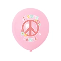 Pink hippie groovy latex balloon featuring Flower Power text and peace sign for party decor - Macaron Pink