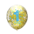 Detail of clear latex balloon with gold confetti and blue 1st birthday star print - Blue 1 with Gold Confetti Balloon