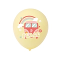 Light yellow groovy party balloon featuring a pink camper bus, rainbow, and PEACE text - Macaron Yellow