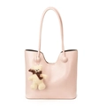Minimalist light pink faux leather tote bag for women featuring a plush bear charm - With Pendant / Pink