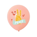 Groovy hippie party balloon in coral pink featuring peace sign and love graphics - Macaron Orange
