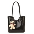 Glossy black tote bag with long straps and a cute white teddy bear plush charm - With Pendant / Black