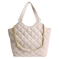 Elegant beige quilted leather tote bag with chain strap and large capacity for women - White