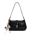 Glossy black leather underarm bag with a cute dog charm and silver metal clasp - With Pendant / Black