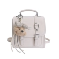 Mini cream PU leather backpack with buckle straps and a cute plush bear charm - With Pendant / Off White