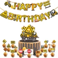 Construction vehicle party decoration set with Happy Birthday banner and cake toppers - Banner And Cake Toppers