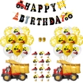 Set festa di compleanno a tema cantiere con striscioni di escavatori e palloncini di camion - Set 1: 12 Escavatori + 8 Pois + 2 Camion da Cantiere in Alluminio + Banner + 2 Nastri + 12 Cake Toppers