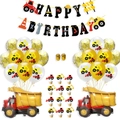 Set festa di compleanno cantiere con striscioni, palloncini e decorazioni torta - Set 2: 12 Escavatori + 8 Paillettes + 2 Camion da Cantiere in Alluminio + Banner + 2 Nastri + 12 Cake Toppers