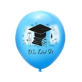 Detail of blue latex balloon featuring black We Did It graduation theme print and icons - Blue