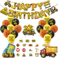 Set decorazioni festa cantiere con striscione Happy Birthday, palloncini escavatore e camion - Set Veicoli da Cantiere B