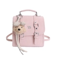 Pink PU leather preppy backpack with a cute teddy bear charm and silver buckle - Pink