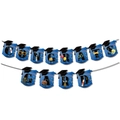 Blue Congrats Grad graduation party banner with mortarboard icons and scholarly illustrations - Blue Banner