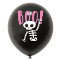 Detalle de globo de látex negro con texto BOO rosa y dibujo de esqueleto blanco animado - Negro