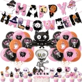 Set decorazioni Halloween rosa e nero con palloncini a teschio e striscione - Set 1: Striscione + 18 Palloncini + 16 Topper + 2 Palloncini in Alluminio + Nastro