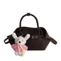 Dark coffee basket bag in vintage style with a cute plush rabbit charm accessory - With Pendant / Brown