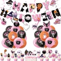 Rosa Halloween-Partyset mit Banner, Geisterballons und Kuchendekorationen im Set - Set 4: 6 Spiraldekor + Banner + 18 Ballons + 16 Topper + Band