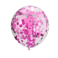 Clear 12-inch 1st birthday balloon with pink confetti and number one printing - Clear Pink Confetti Pink 1