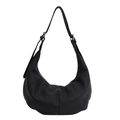 Minimalist black lychee texture crescent hobo bag with adjustable silver buckle strap - Black