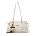 Minimalist off-white faux leather shoulder bag with cute puppy plush charm and gold logo - With Pendant / Off White