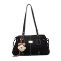 Black leather tote bag with white contrast stitching and cute bear charm accessory - With Pendant / Black