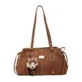 Stylish brown suede shoulder bag with gold hardware and a cute plush bear charm - With Pendant / Brown