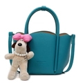 Sac à main élégant en cuir bleu sarcelle avec bord ondulé et breloque chien peluche - Sans Pendentif / Bleu