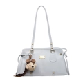 Minimalist light grey-blue faux leather underarm tote bag with plush bear charm - With Pendant / Blue