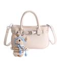 Chic beige lychee grain crossbody handbag with cute bear plush charm and silver hardware - With Pendant / White