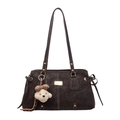 Dark brown retro matte leather tote bag with gold metal logo and bear keychain - Coffee