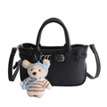 Black lychee texture crossbody bag with adjustable strap and cute teddy bear charm - With Pendant / Black