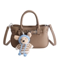 Brown litchi textured leather handbag with detachable strap and cute bear charm - With Pendant / Khaki