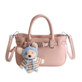 Pink lychee grain handbag with adjustable strap and cute plush bear charm - With Pendant / Pink