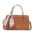 Brown crocodile embossed tote bag with houndstooth silk scarf and elegant shoulder strap - Brown