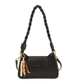Minimalist black faux leather shoulder bag with woven strap and colorful wooden beads - Black