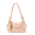 Pink PU leather baguette bag featuring a woven shoulder strap and colorful wooden beads - Pink