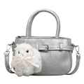 Silver metallic tote bag with textured faux leather and cute white plush rabbit charm - With Pendant / Silver