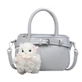 Light grey tote bag with buckle detail and cute white plush kitten charm decoration - With Pendant / Blue